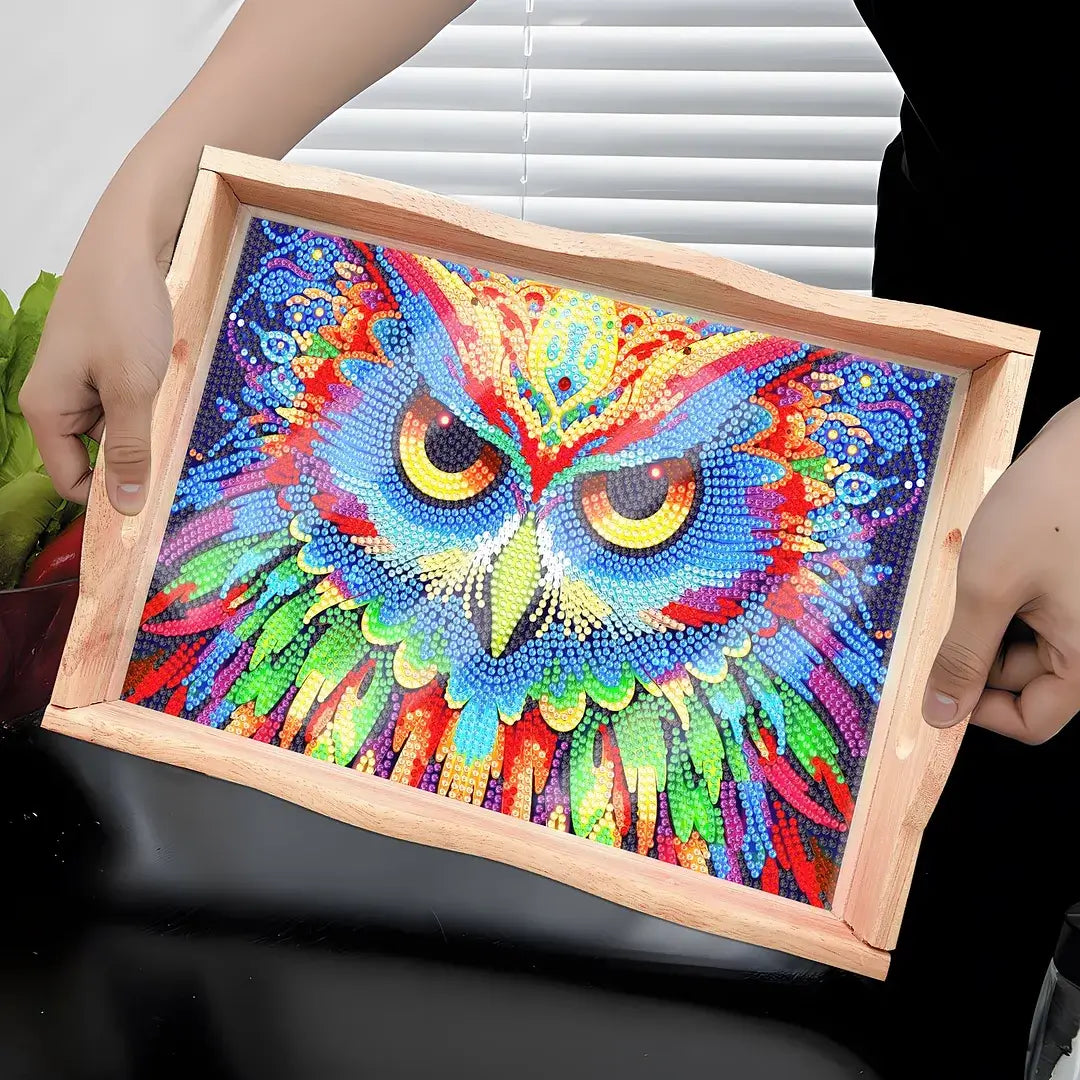 owl diamond painting decor wooden food tray