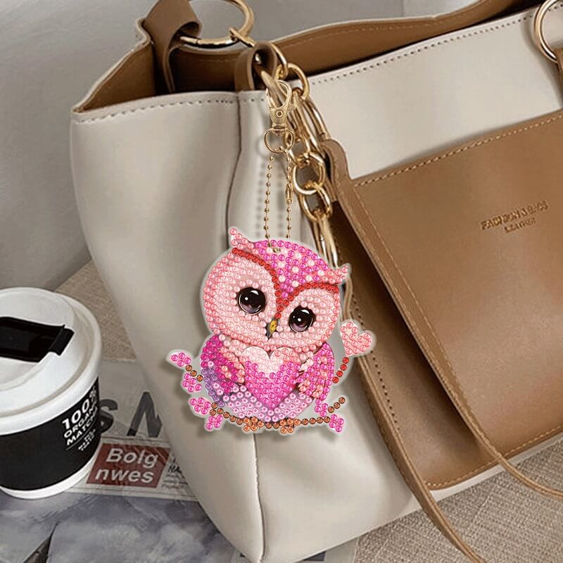 Pink Owl DIY Diamond Painting Keychain