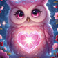 A cute pink owl with large sparkling eyes and a glowing pink heart on its chest, surrounded by flowers and cherries against a starry blue night sky.