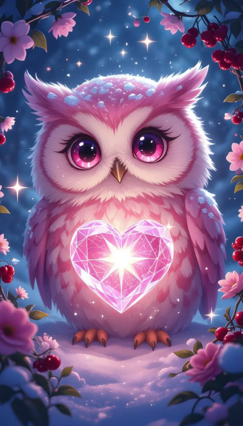 A cute pink owl with large sparkling eyes and a glowing pink heart on its chest, surrounded by flowers and cherries against a starry blue night sky.
