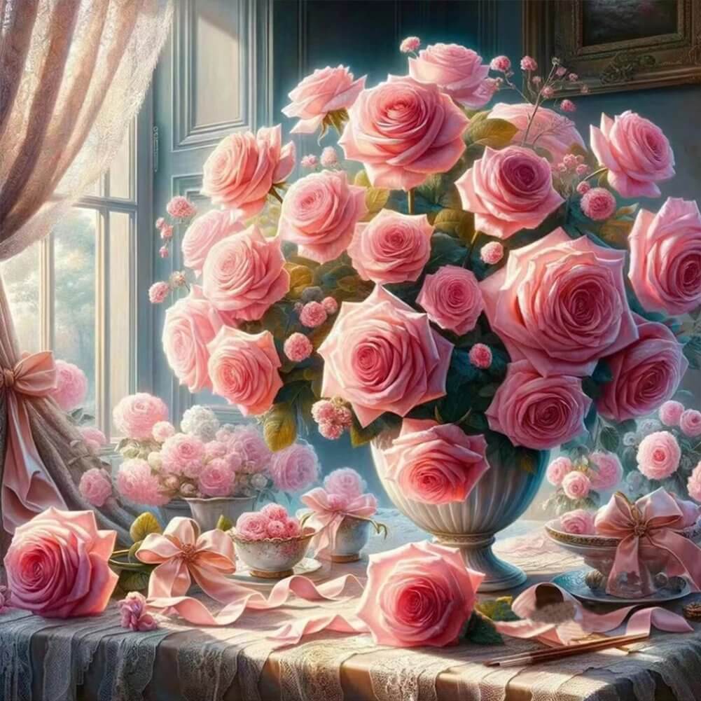 5D DIY Diamond Painting Kit - Full Round / Square - Pink Rose Vase A
