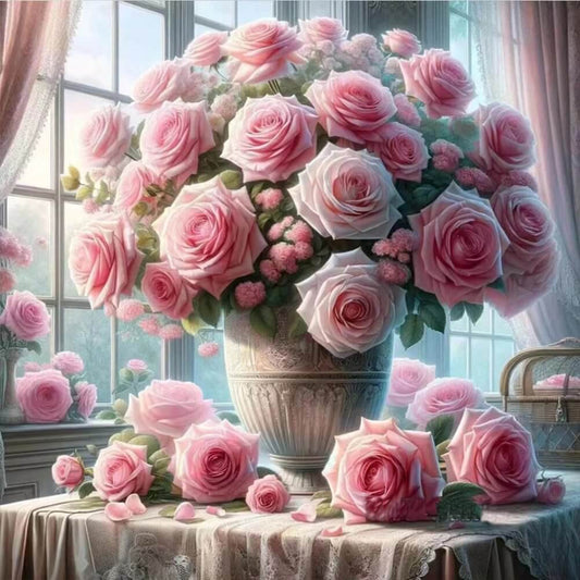 5D DIY Diamond Painting Kit - Full Round / Square - Pink Rose Vase C
