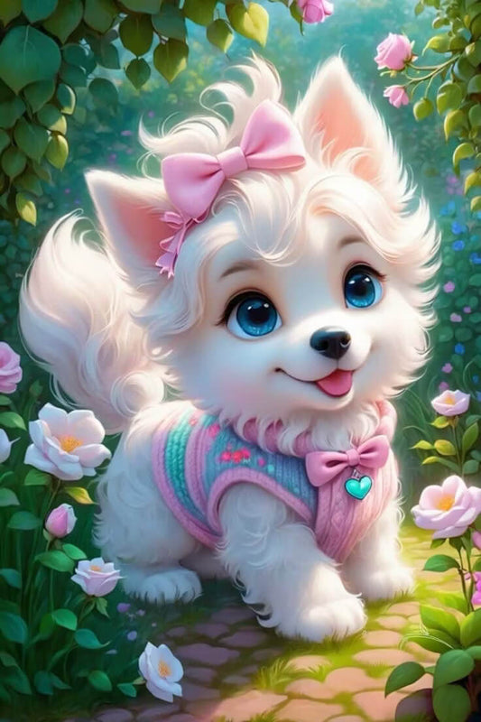 DIY Diamond Painting Kit - Full Round / Square - Puppy Wearing Pink Bow