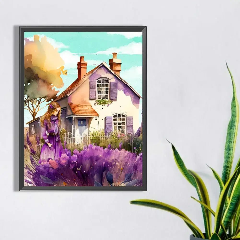 Diamond Painting - Full Round / Square - Girl In Purple Dress & Lavender Cabin