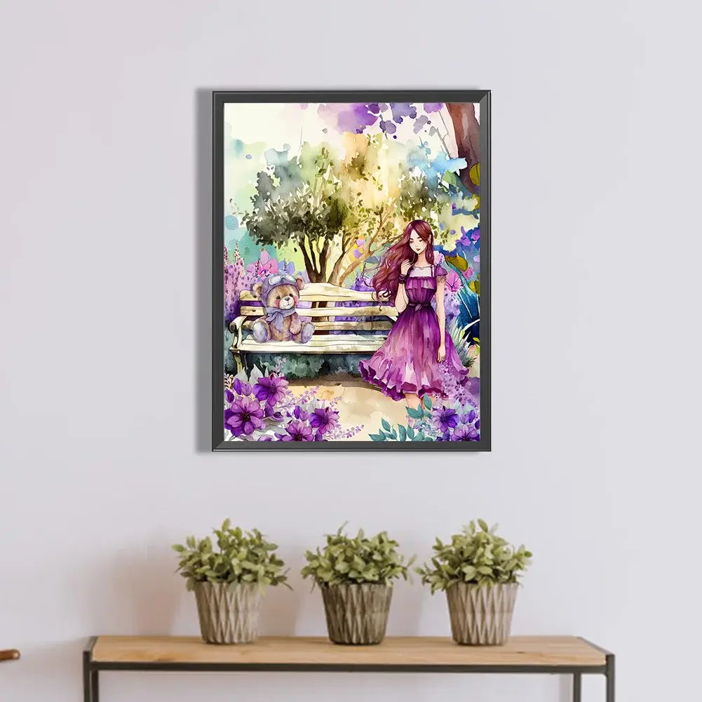 Purple Girl & Teddy Bear Diamond Painting
