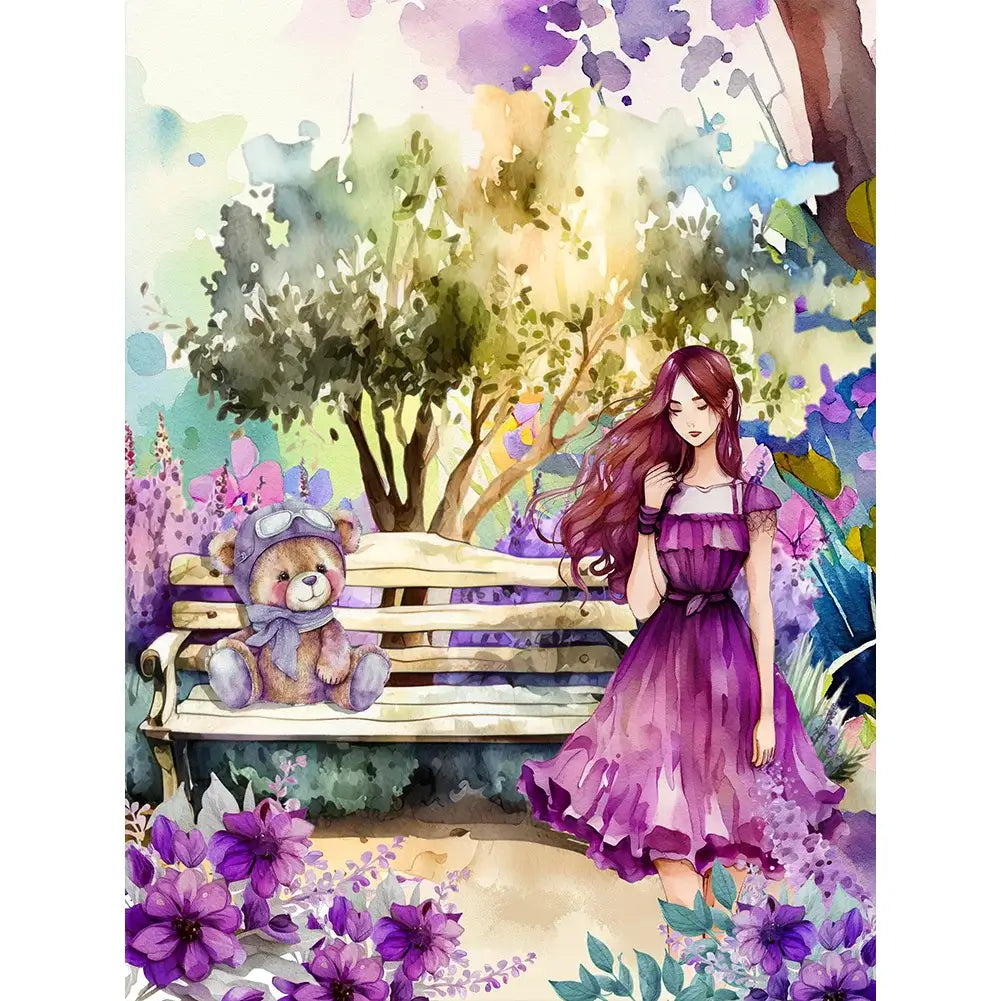 Purple Diamond Painting - Full Round / Square - Girl & Teddy Bear