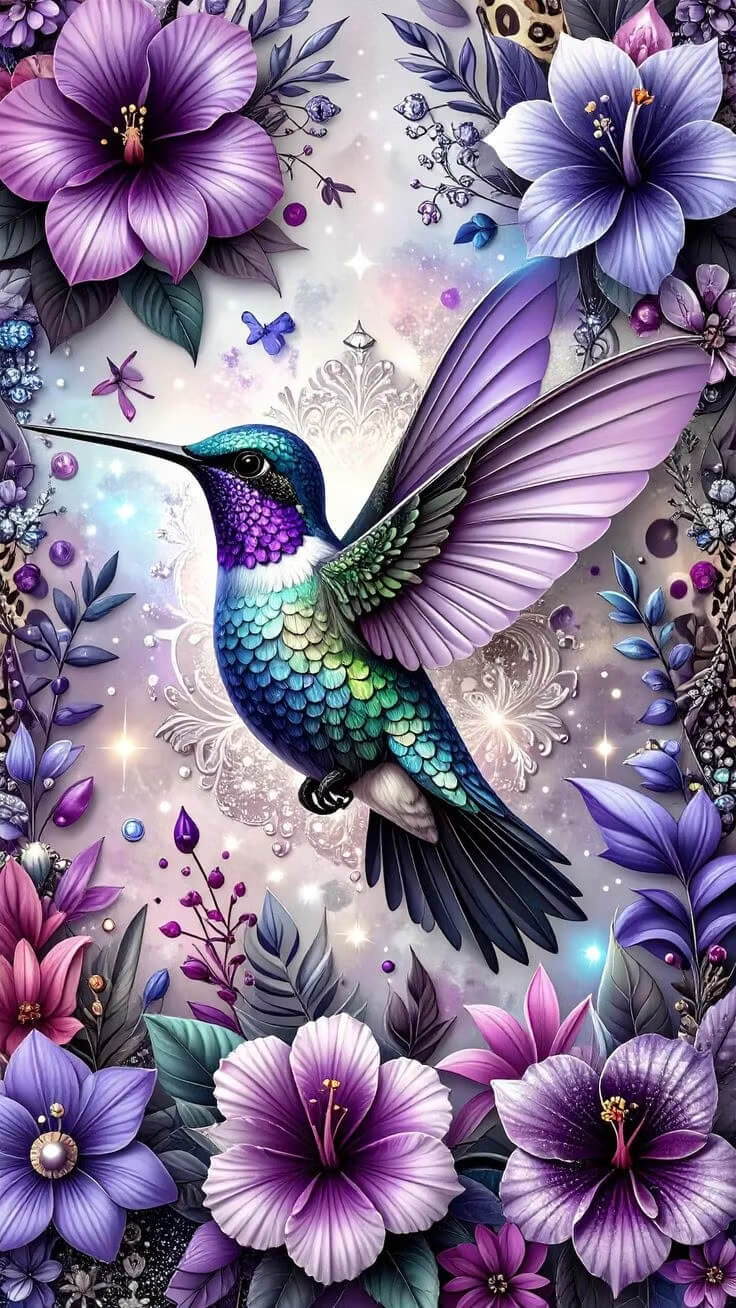 DIY Diamond Painting Kit - Full Round / Square - Purple Hummingbird