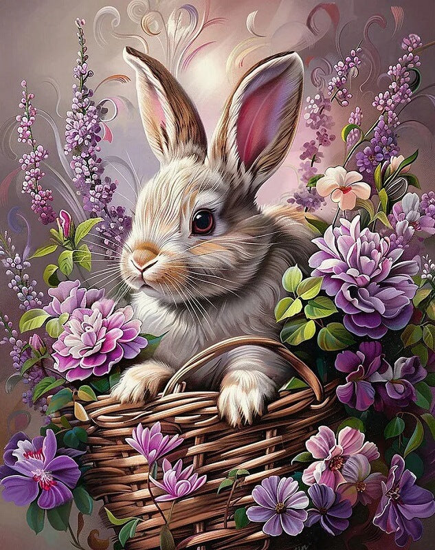 5D DIY Rabbit With Purple Flowers Full Round / Square Diamond Painting Kits