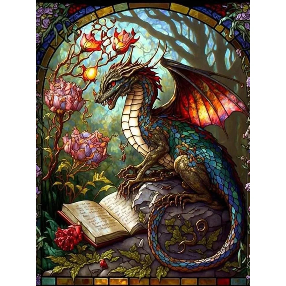 reading gragon stained glass diamond painting