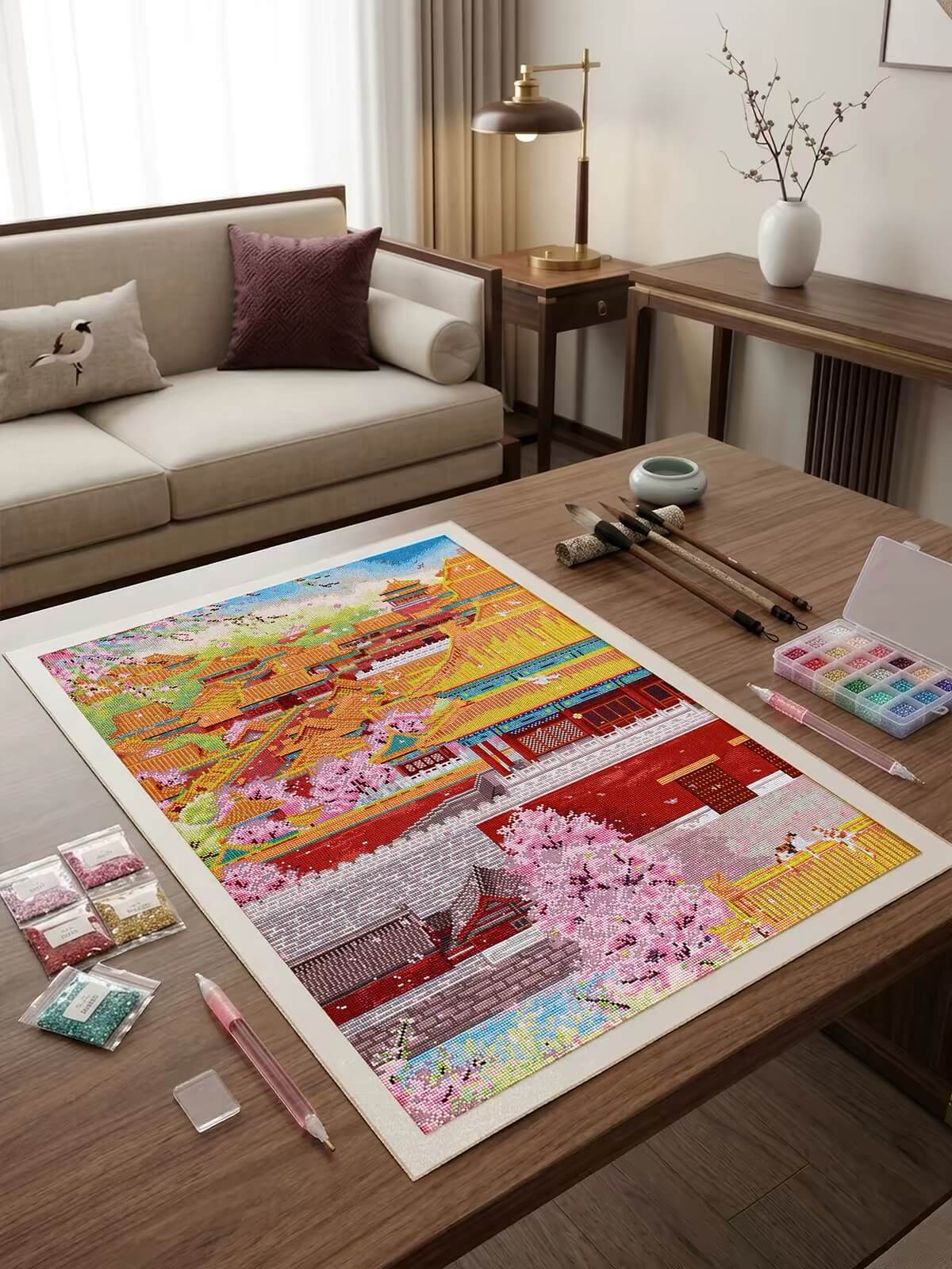 AB Square Drill Luxurious Polyester Cloth Diamond Painting Kits - Spring In The Forbidden City 70*90cm