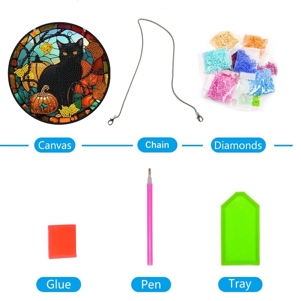 Stained Glass Black Cat Diamond Art Vintage Hanging Ornament Package