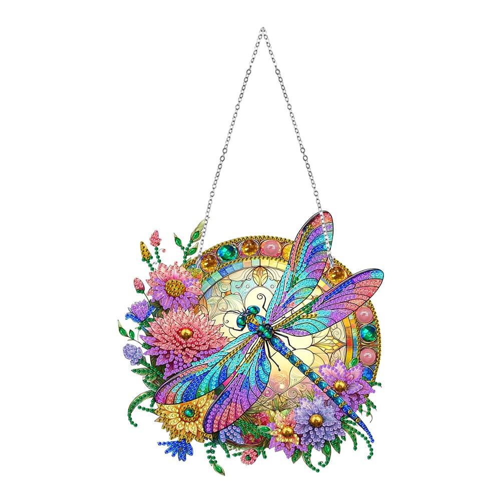 DIY Diamond Painting Vintage Hanging Ornament - Stained Glasses Style Dragonfly