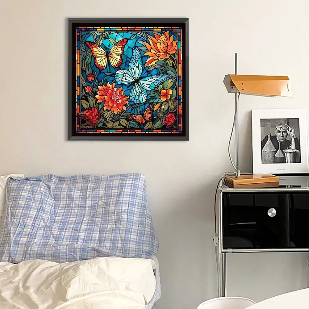 5D DIY Diamond Painting Kit Butterflies and Flowers Stained Glass
