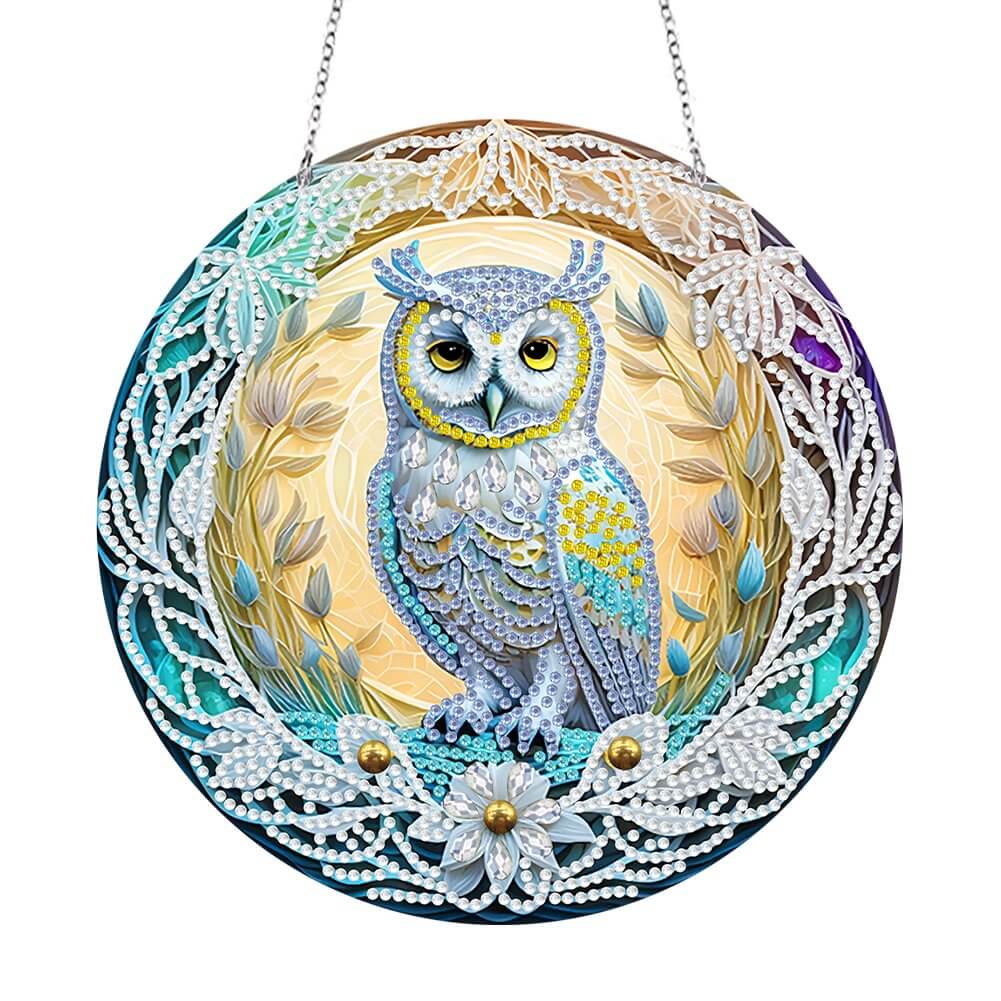 DIY Diamond Painting Vintage Hanging Ornament - Stained Glasses Owl A