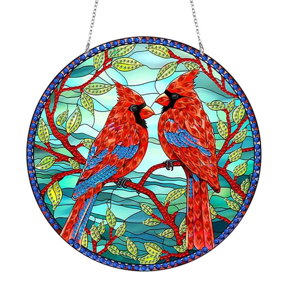 DIY Diamond Painting Vintage Hanging Ornament - Stained Glass Red Bird