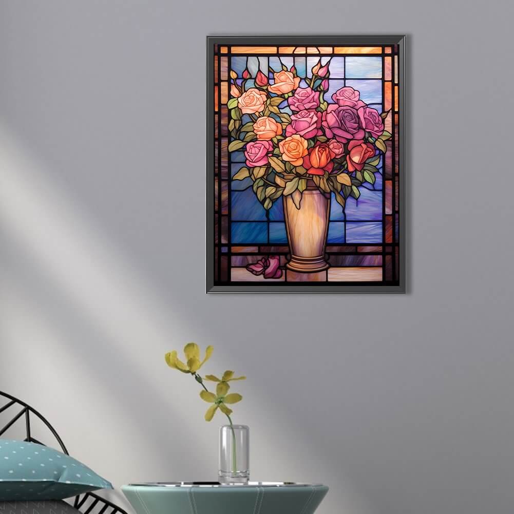 Stained Glass Rose Vase Flower Diamond Art