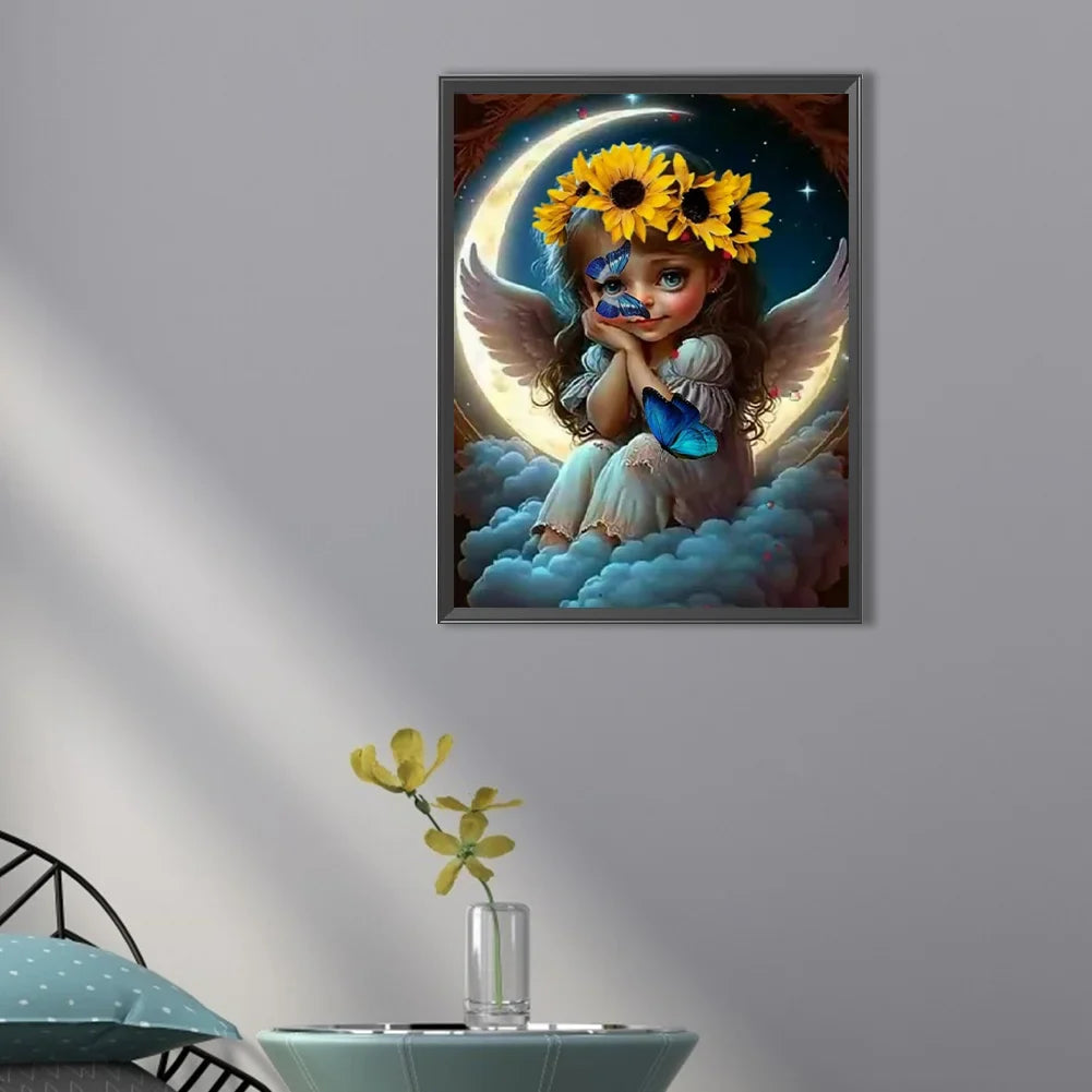 sunflower butterfly angle on moon diamond painting
