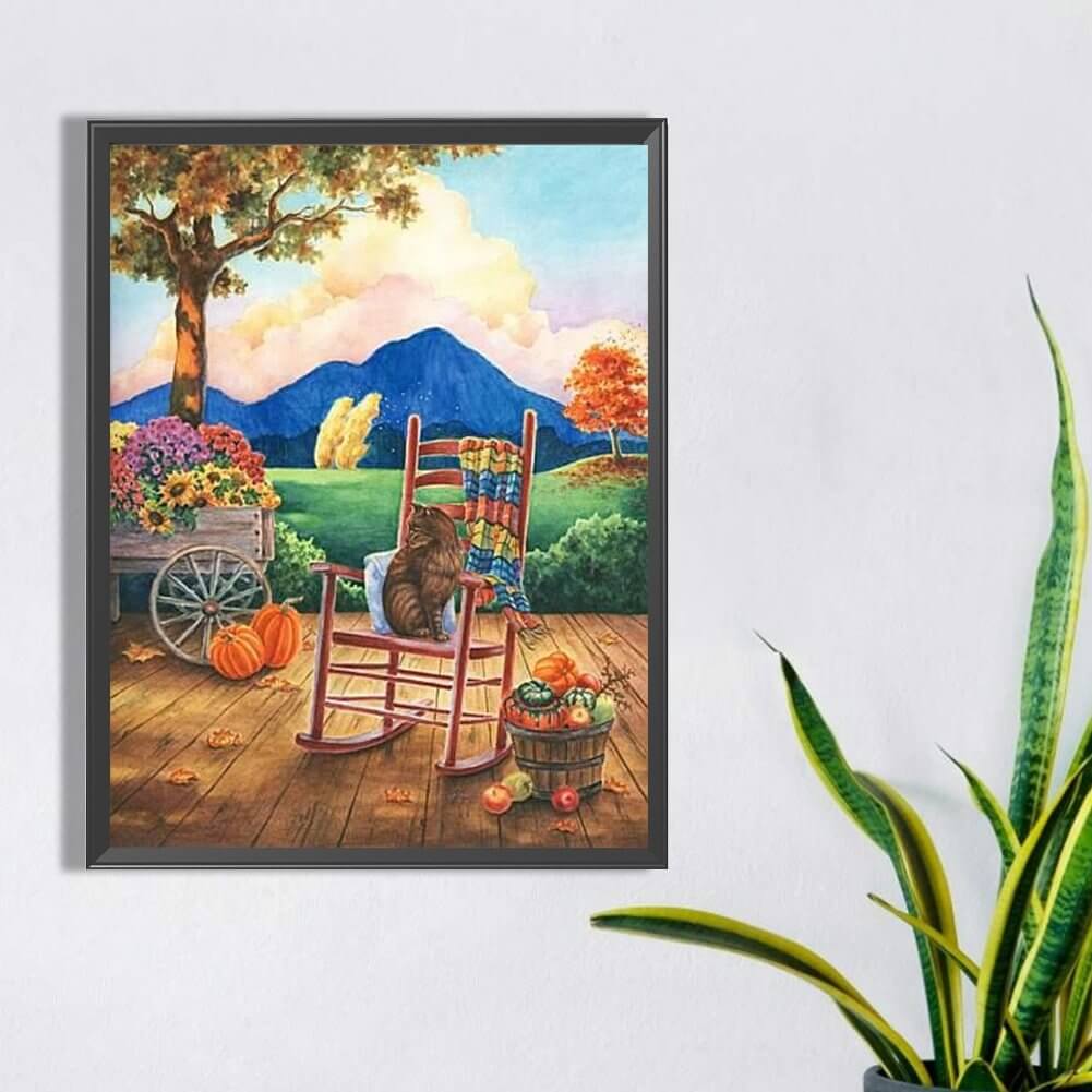 Thanksgiving Harvest Pumpkin and Cat Diamond Painting