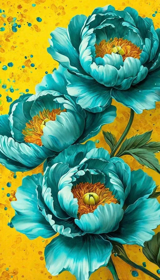 DIY Flower Diamond Painting Kit - Full Round / Square - Three Blue Green Color Peonies