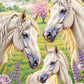 A colorful digital illustration of three white horses in a lush meadow with pink cherry blossoms, purple flowers, green foliage, and mountains in the background.