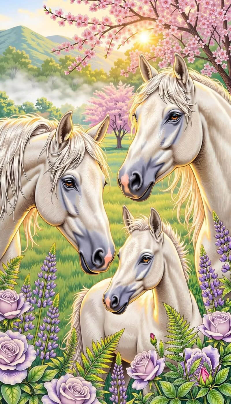 A colorful digital illustration of three white horses in a lush meadow with pink cherry blossoms, purple flowers, green foliage, and mountains in the background.