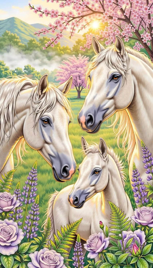 A colorful digital illustration of three white horses in a lush meadow with pink cherry blossoms, purple flowers, green foliage, and mountains in the background.