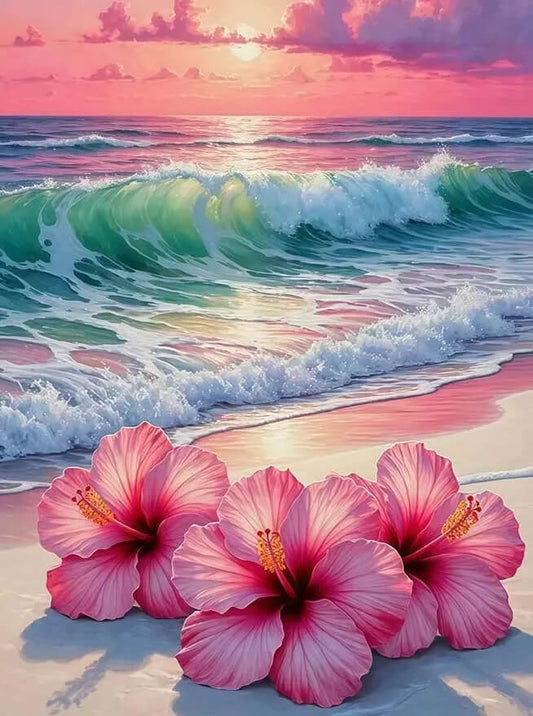 DIY Diamond Painting Kit - Full Round / Square - Three Pink Hibiscus Flowers On Beach