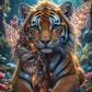 A fantasy-style portrait of a tiger seated in a glowing forest, with pink wings, flowers around it, and soft light effects. This appears to be digital artwork rather than a standard product photo.