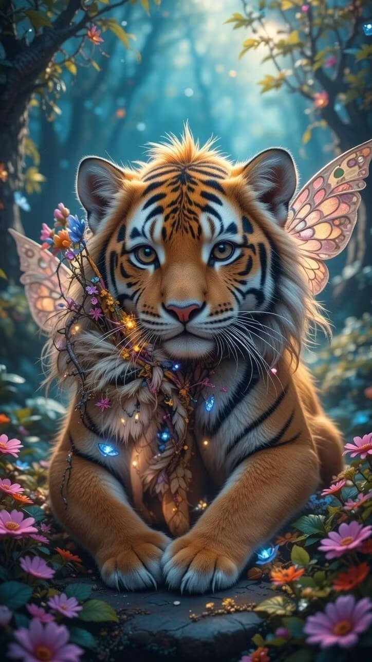 A fantasy-style portrait of a tiger seated in a glowing forest, with pink wings, flowers around it, and soft light effects. This appears to be digital artwork rather than a standard product photo.