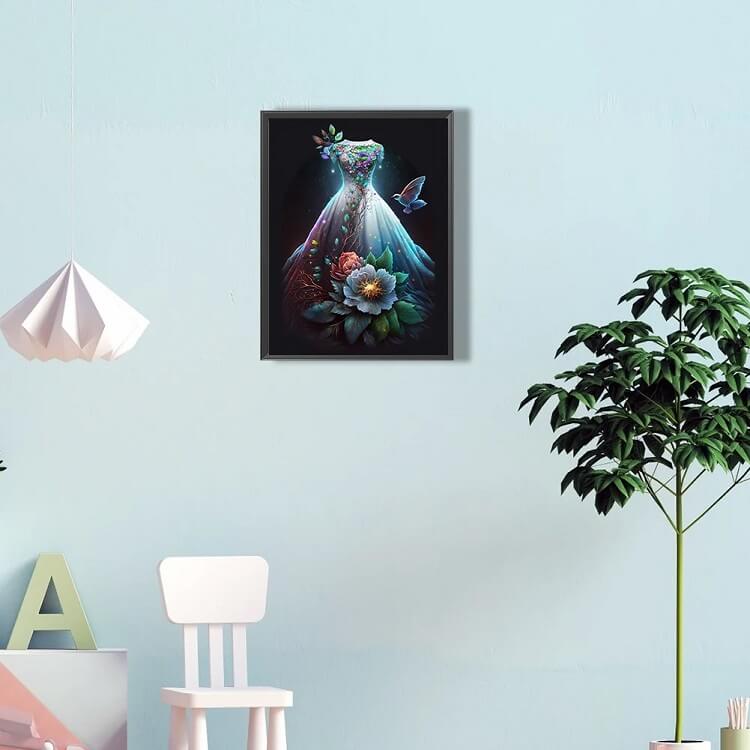 wedding dress with pigeon diamond artwork