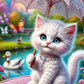 A whimsical fantasy artwork of a fluffy white kitten sitting on a pink crocheted bridge under a white lace umbrella, holding a small bow. Ducks swim in a pond, butterflies fly around, and a rainbow arches over a colorful garden scene.