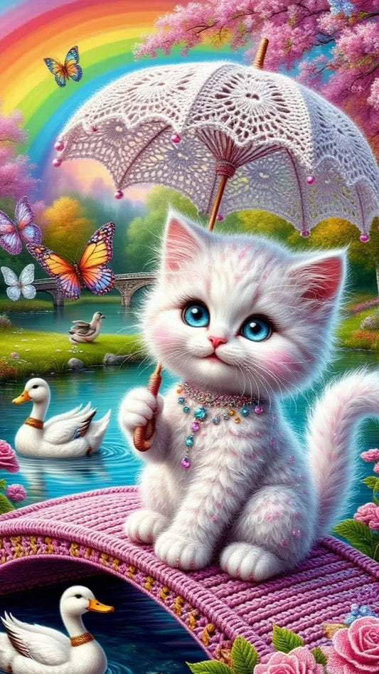 A whimsical fantasy artwork of a fluffy white kitten sitting on a pink crocheted bridge under a white lace umbrella, holding a small bow. Ducks swim in a pond, butterflies fly around, and a rainbow arches over a colorful garden scene.