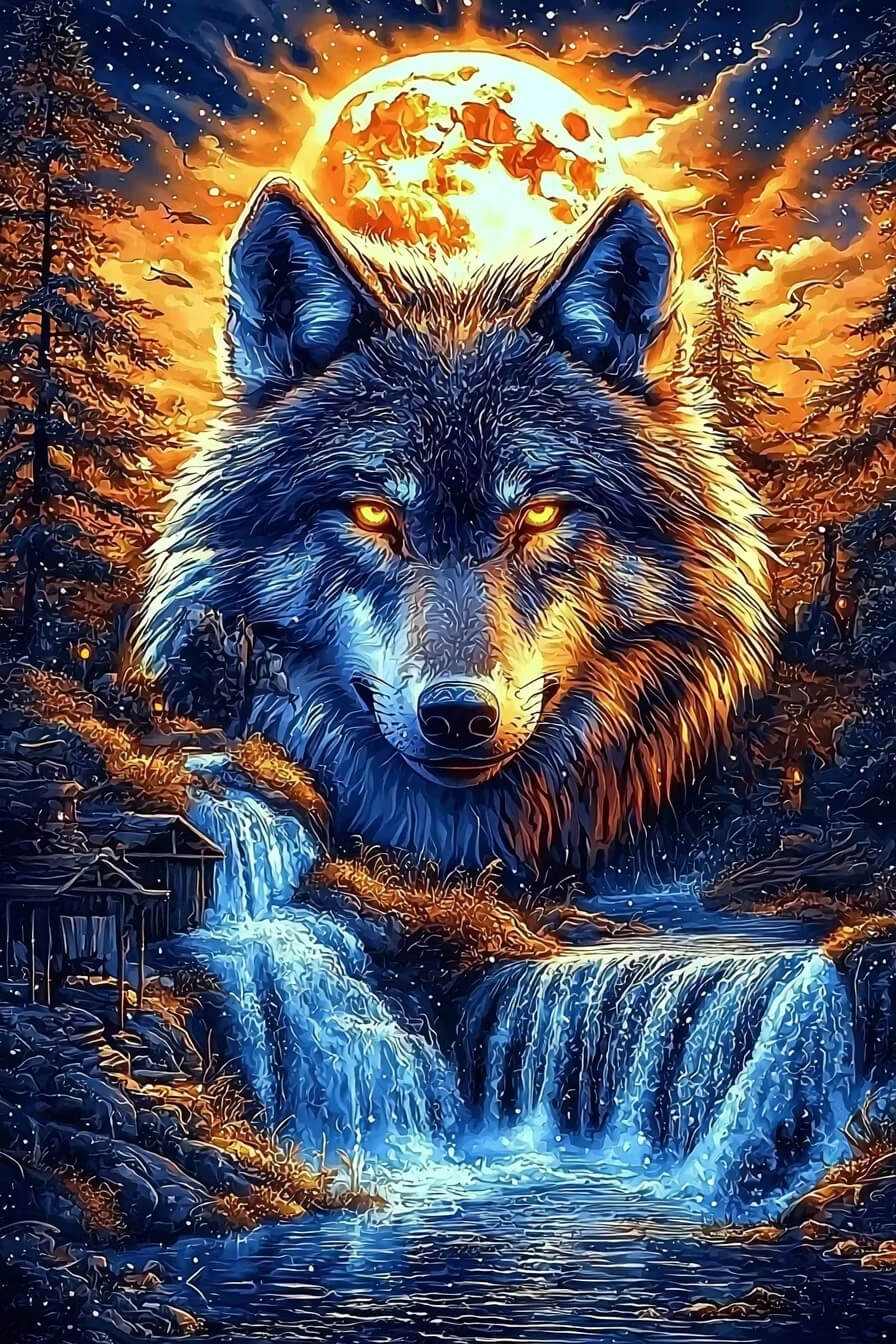 DIY Diamond Painting Kit - Full Round / Square - Wolf And Waterfall