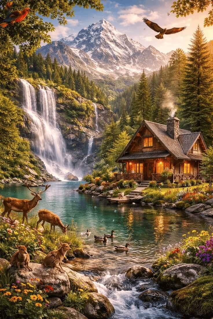 DIY Scenery Diamond Painting Kit - Full Round / Square - Cabin By Waterfall